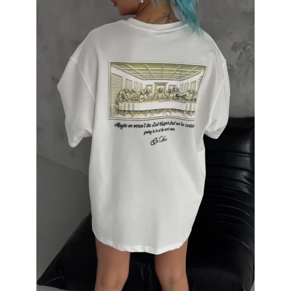 Biçomi Unisex Baskılı Oversize T-Shirt - Beyaz