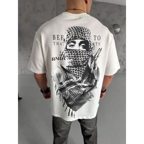 Biçomi Unisex Baskılı Oversize T-Shirt - Beyaz