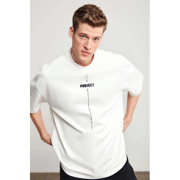 Biçomi Unisex Baskılı Oversize T-Shirt - Beyaz