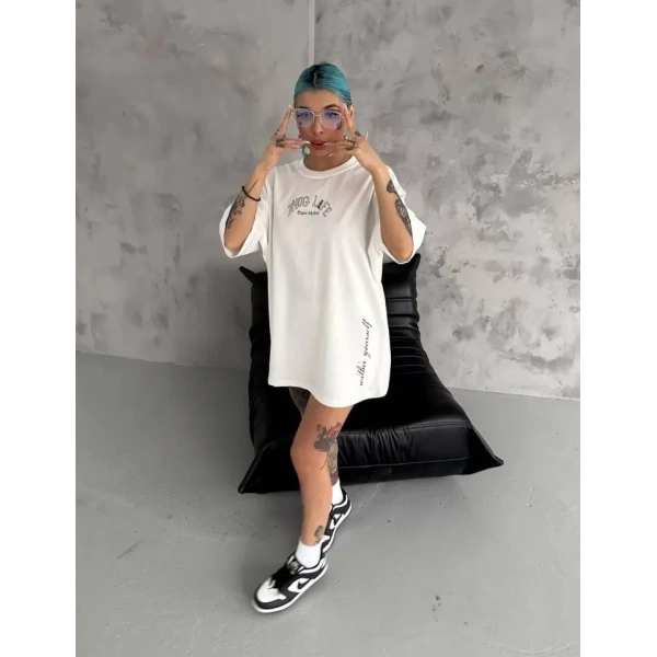 Biçomi Unisex Baskılı Oversize T-Shirt - Beyaz
