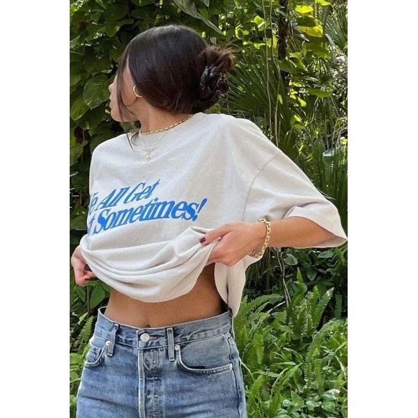 Biçomi Unisex Baskılı Oversize T-Shirt - Beyaz