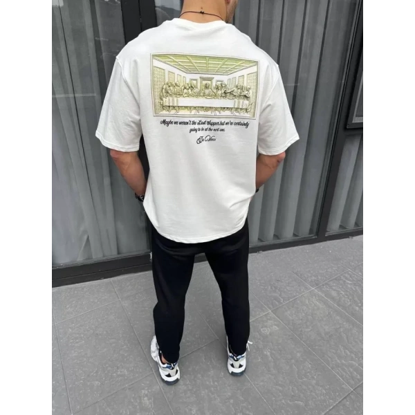 Biçomi Unisex Baskılı Oversize T-Shirt - Beyaz