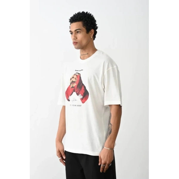 Biçomi Unisex Baskılı Oversize T-Shirt - Beyaz