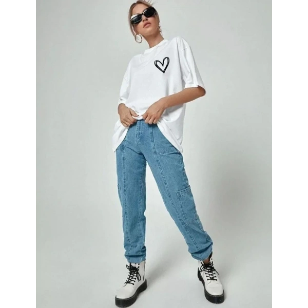 Biçomi Unisex Baskılı Oversize T-Shirt - Beyaz