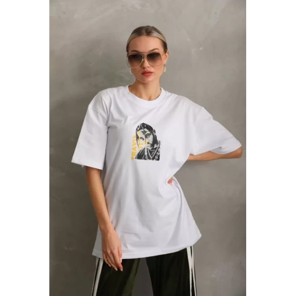 Biçomi Unisex Baskılı Oversize T-Shirt - Beyaz