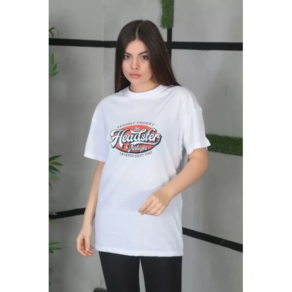 Biçomi Unisex Baskılı Oversize T-Shirt - Beyaz