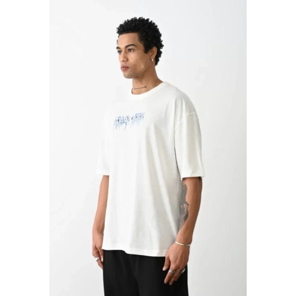 Biçomi Unisex Baskılı Oversize T-Shirt - Beyaz