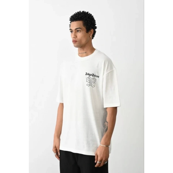 Biçomi Unisex Baskılı Oversize T-Shirt - Beyaz