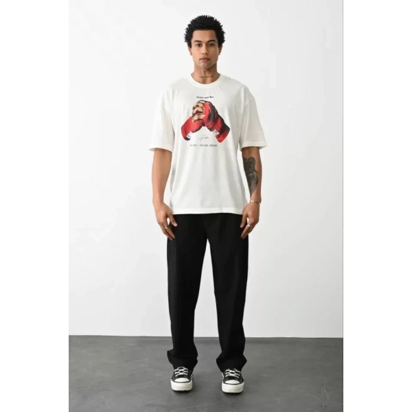 Biçomi Unisex Baskılı Oversize T-Shirt - Beyaz
