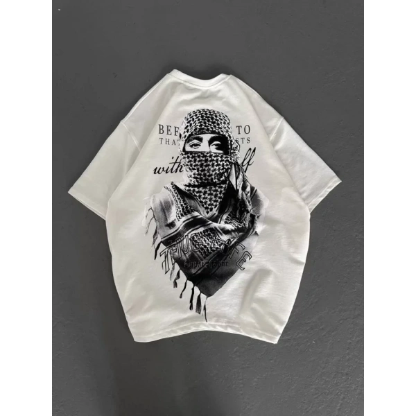 Biçomi Unisex Baskılı Oversize T-Shirt - Beyaz