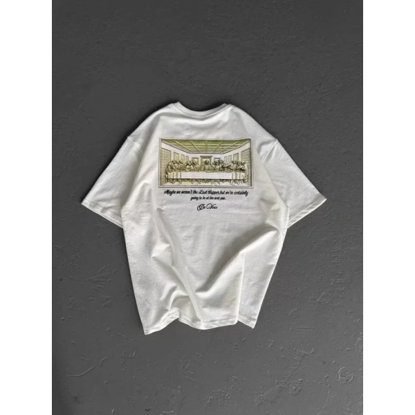 Biçomi Unisex Baskılı Oversize T-Shirt - Beyaz