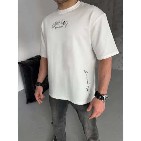 Biçomi Unisex Baskılı Oversize T-Shirt - Beyaz