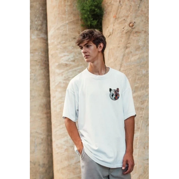 Biçomi Unisex Baskılı Oversize T-Shirt - Beyaz