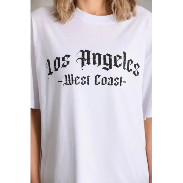 Biçomi Unisex Baskılı Oversize T-Shirt - Beyaz