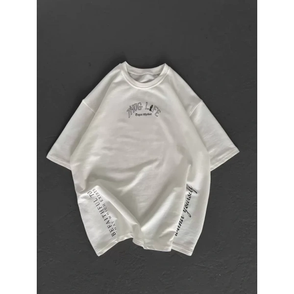 Biçomi Unisex Baskılı Oversize T-Shirt - Beyaz