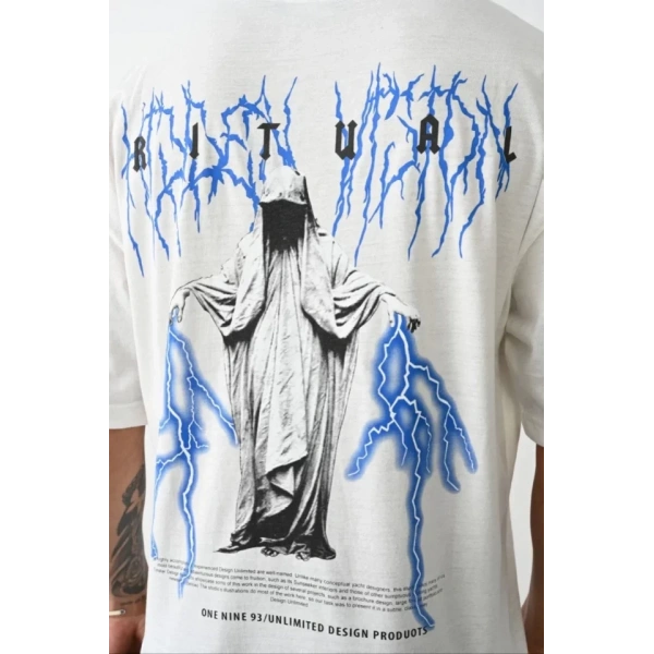 Biçomi Unisex Baskılı Oversize T-Shirt - Beyaz