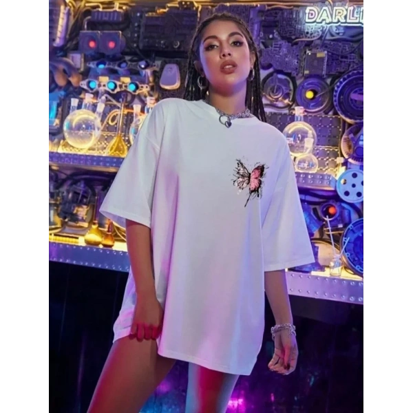 Biçomi Unisex Baskılı Oversize T-Shirt - Beyaz
