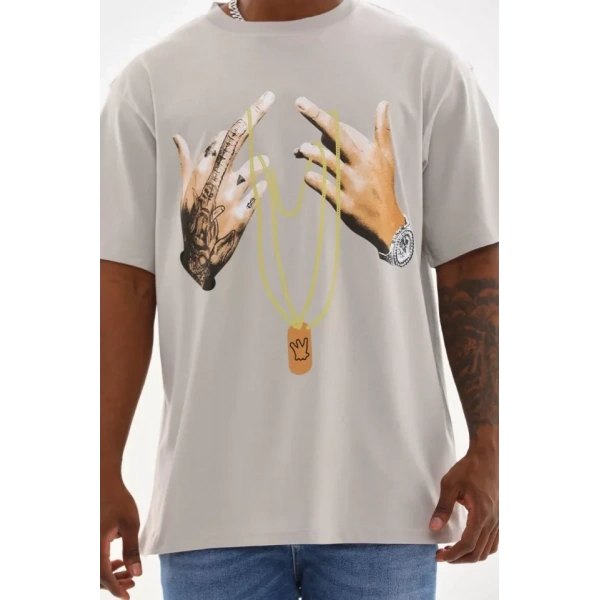 Biçomi Unisex Baskılı Oversize T-Shirt - Gri