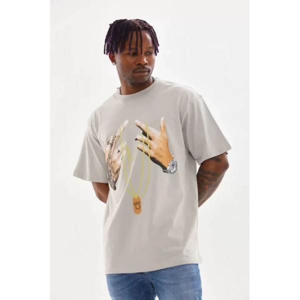 Biçomi Unisex Baskılı Oversize T-Shirt - Gri