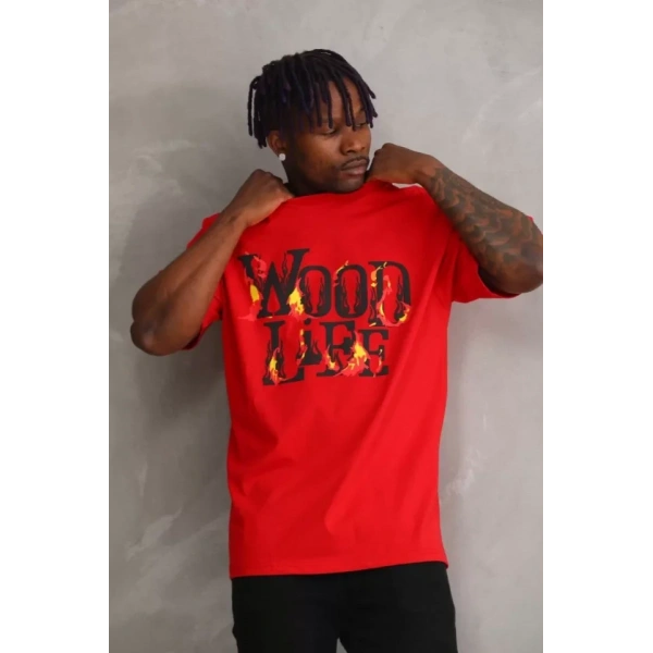 Biçomi Unisex Baskılı Oversize T-Shirt - Kırmızı