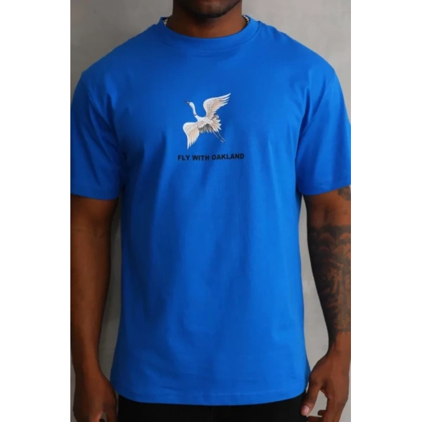 Biçomi Unisex Baskılı Oversize T-Shirt - Mavi