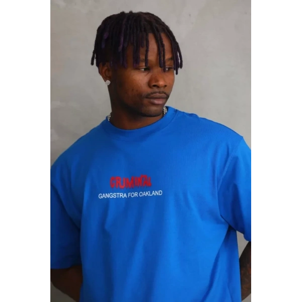 Biçomi Unisex Baskılı Oversize T-Shirt - Mavi