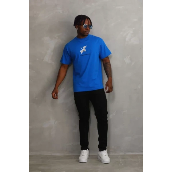 Biçomi Unisex Baskılı Oversize T-Shirt - Mavi