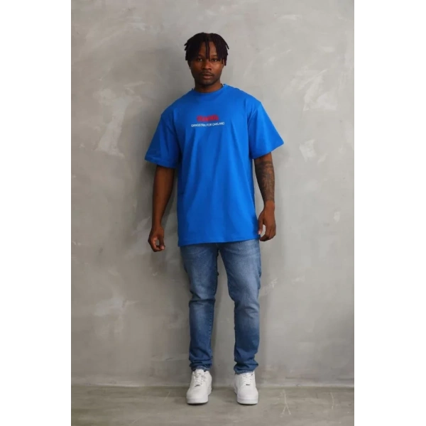 Biçomi Unisex Baskılı Oversize T-Shirt - Mavi