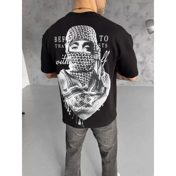 Biçomi Unisex Baskılı Oversize T-Shirt - Siyah