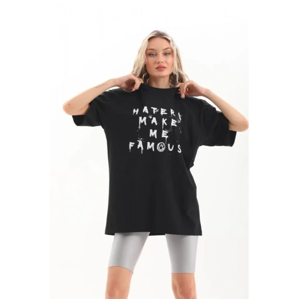 Biçomi Unisex Baskılı Oversize T-Shirt - Siyah