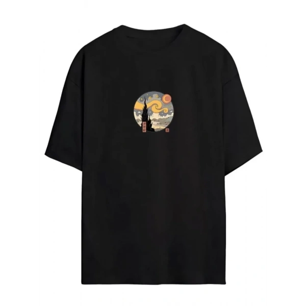Biçomi Unisex Baskılı Oversize T-Shirt - Siyah