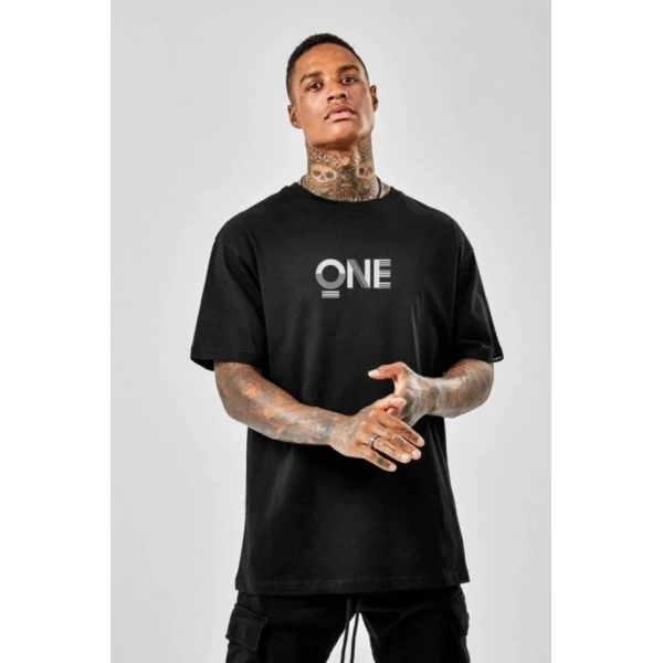 Biçomi Unisex Baskılı Oversize T-Shirt - Siyah