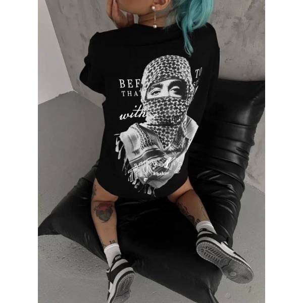 Biçomi Unisex Baskılı Oversize T-Shirt - Siyah