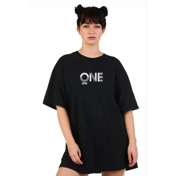Biçomi Unisex Baskılı Oversize T-Shirt - Siyah
