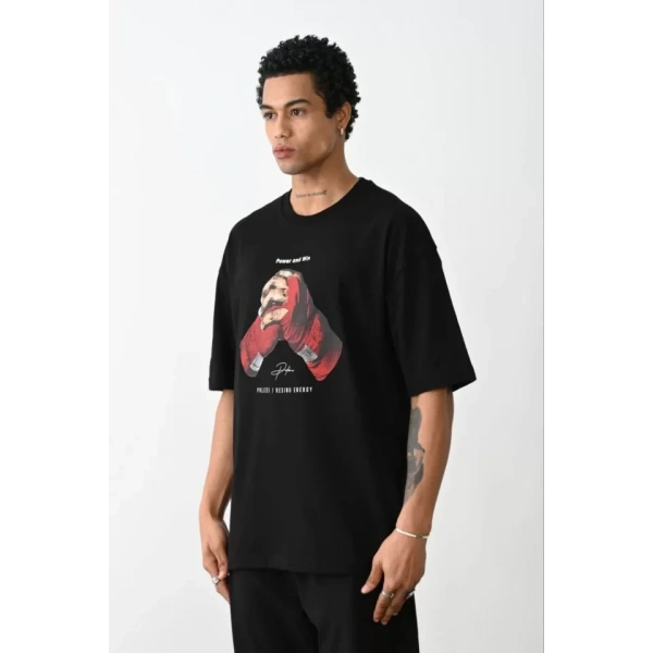 Biçomi Unisex Baskılı Oversize T-Shirt - Siyah