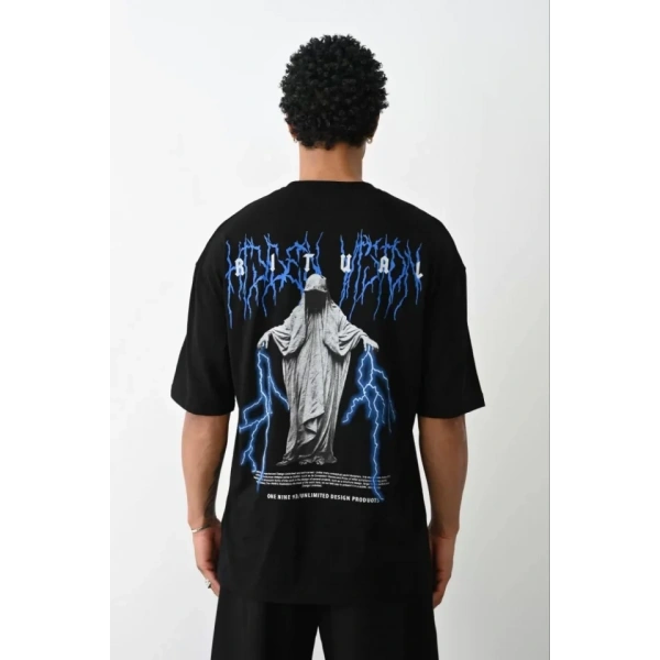 Biçomi Unisex Baskılı Oversize T-Shirt - Siyah