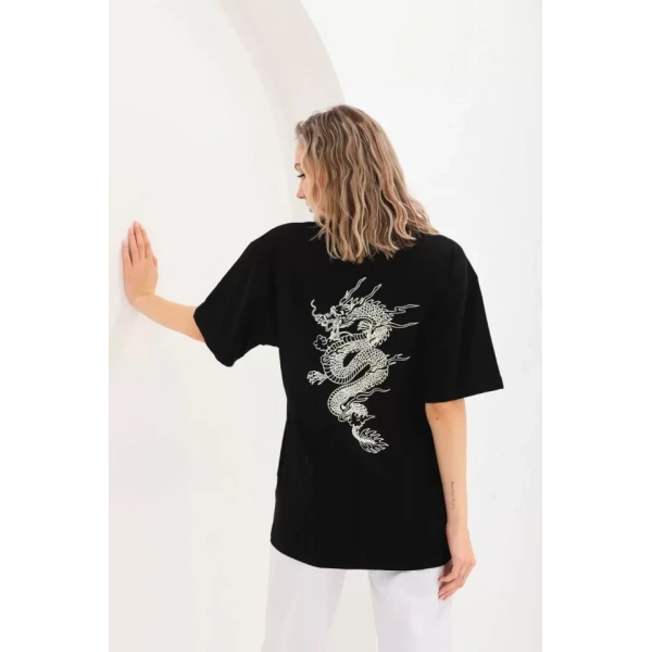 Biçomi Unisex Baskılı Oversize T-Shirt - Siyah