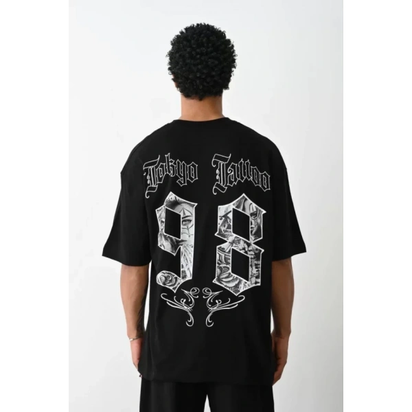 Biçomi Unisex Baskılı Oversize T-Shirt - Siyah