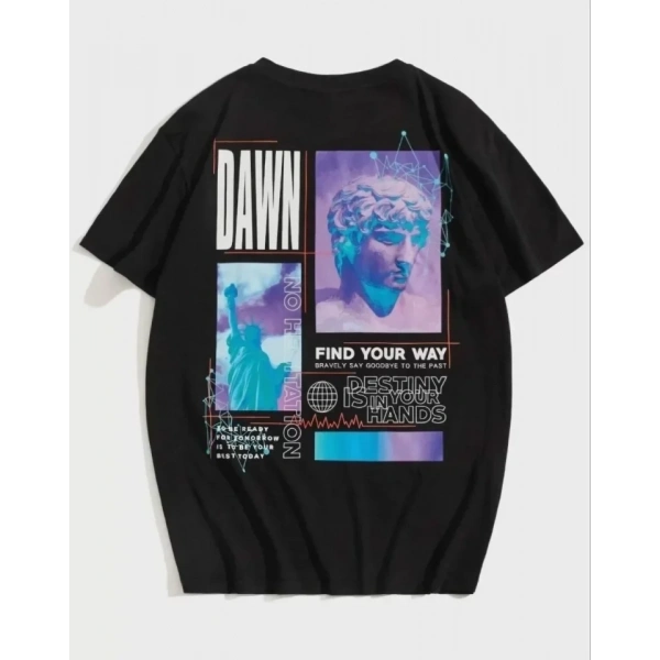 Biçomi Unisex Baskılı Oversize T-Shirt - Siyah