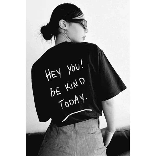Biçomi Unisex Baskılı Oversize T-Shirt - Siyah