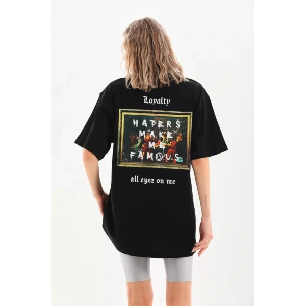 Biçomi Unisex Baskılı Oversize T-Shirt - Siyah
