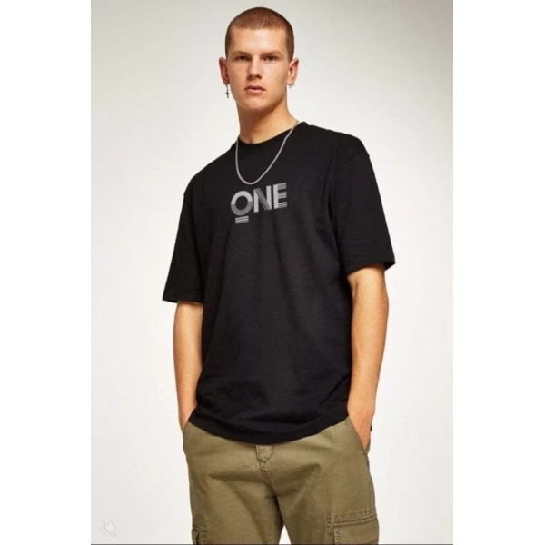Biçomi Unisex Baskılı Oversize T-Shirt - Siyah