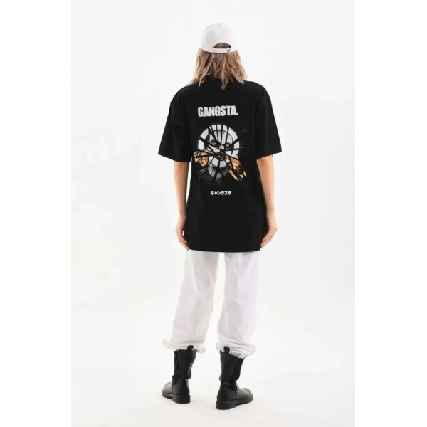 Biçomi Unisex Baskılı Oversize T-Shirt - Siyah