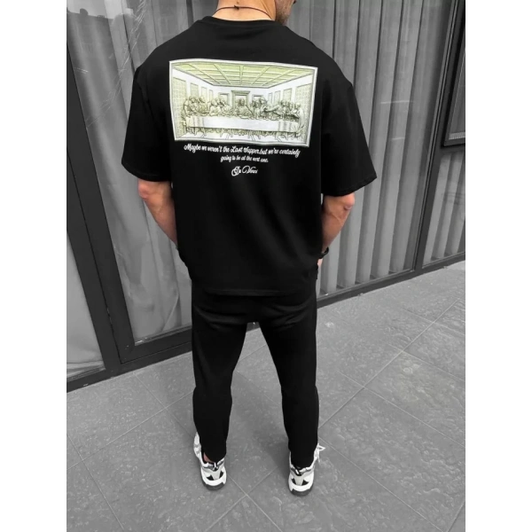 Biçomi Unisex Baskılı Oversize T-Shirt - Siyah
