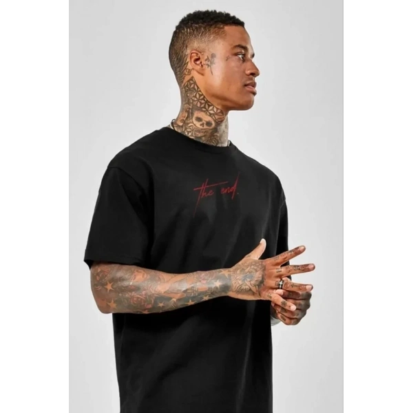 Biçomi Unisex Baskılı Oversize T-Shirt - Siyah