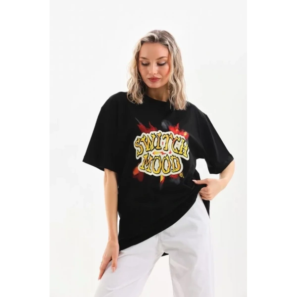 Biçomi Unisex Baskılı Oversize T-Shirt - Siyah
