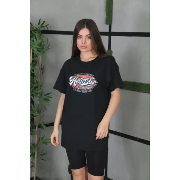 Biçomi Unisex Baskılı Oversize T-Shirt - Siyah