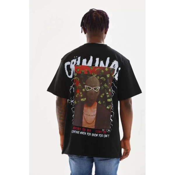 Biçomi Unisex Baskılı Oversize T-Shirt - Siyah