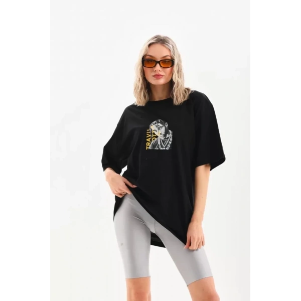 Biçomi Unisex Baskılı Oversize T-Shirt - Siyah