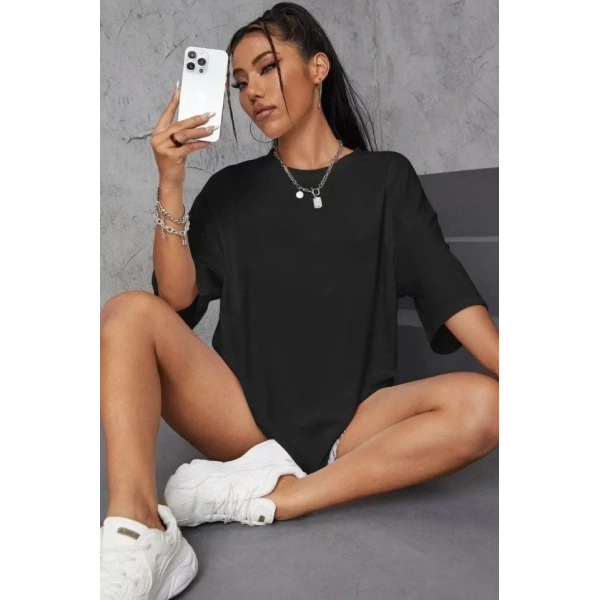 Biçomi Unisex Baskılı Oversize T-Shirt - Siyah